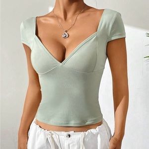 SHEIN Sweetheart Neck Solid Tee in the color Sage Green